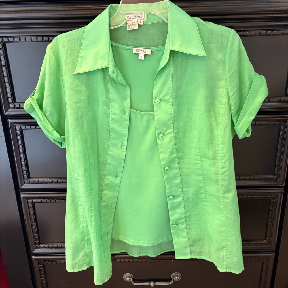Worth Two-Piece Green Button Up Tank Top Shirt Set